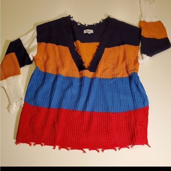 NEW M MILITARY HIPPIE OVERSIZED vneck FRAYED fringe trim striped SWEATER medium - Picture 6 of 7